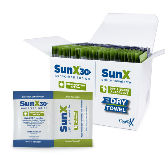 CoreTex Sun X 30+ Broad Spectrum Sunscreen Packets & Dry Towels Duo Kit - Pack of 25 Paraben, Oxybenzone, Octinoxate, & Oil Free Sunscreen - No White