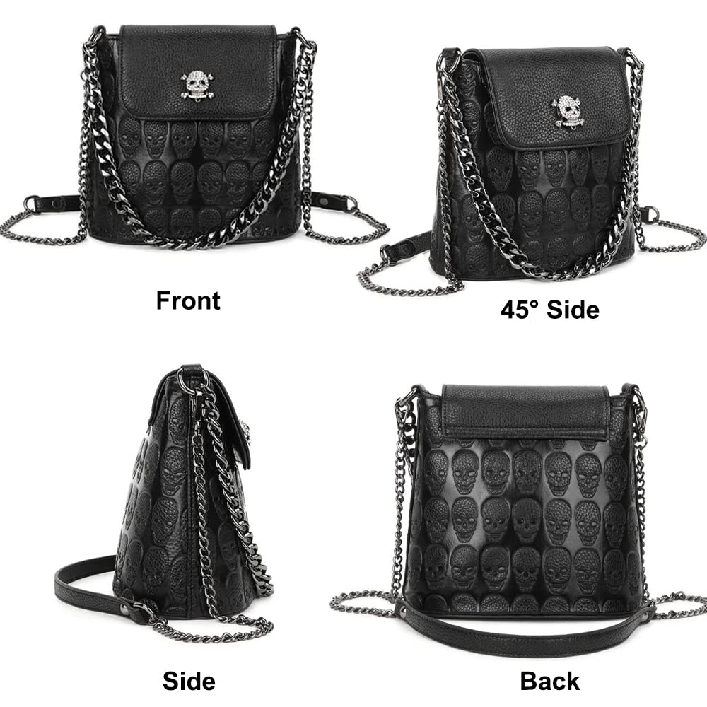 Downupdown Skull Handbags Purse Women Satchel Crossbody Bag Goth Chain Shoulder Bag Small Tote Hobo Bags Flap Zip Phone Bag-Black