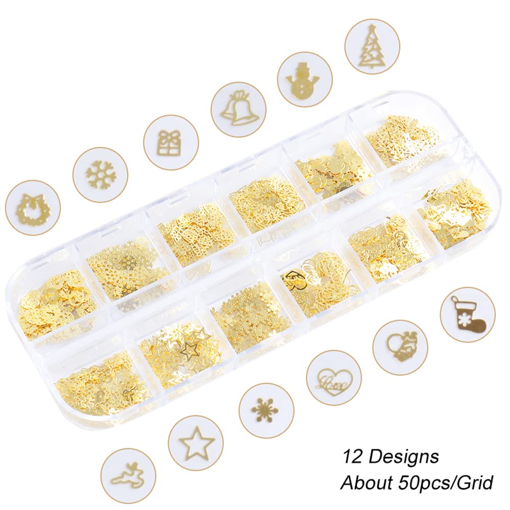 Christmas Nail Art Glitter, 12 Grids Gold Snowflake Nail Charms Snowflakes Snowmen Elk Bell Gift Xmas Tree Christmas Nail Design Winter Confetti