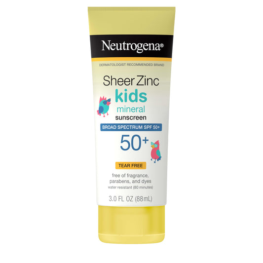 Neutrogena Sheer Zinc Oxide Kids Mineral Sunscreen Lotion, Broad Spectrum SPF 50+ with UVA/UVB Protection, Water-Resistant for 80 Minutes, Paraben