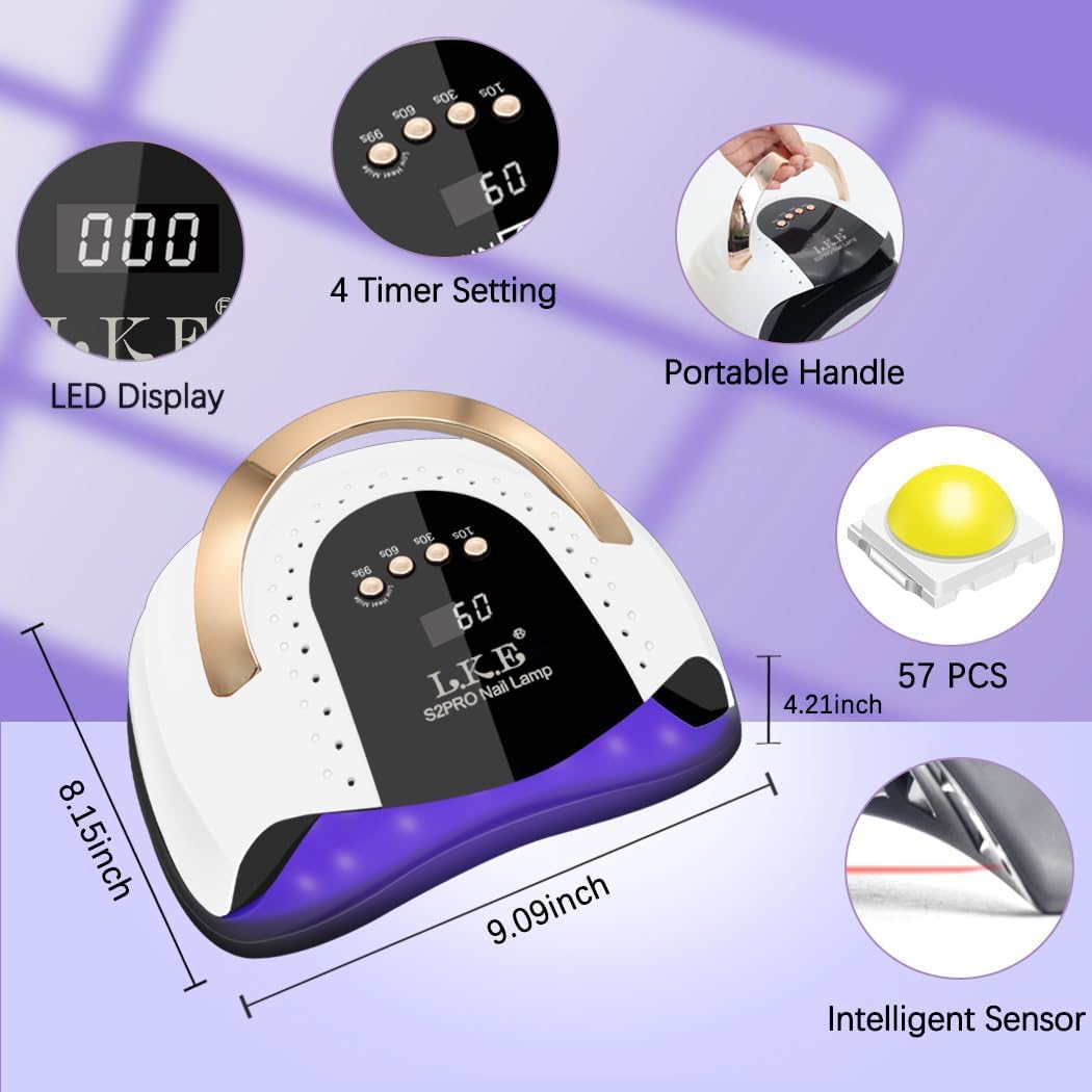 268W UV LED Nail Lamp, LKE Nail Dryer for Gel Polish, 4 Timers UV Nail Lamp Professional Nail Light, 57Pcs Lamp Beads and Automatic Sensor(White) Beauty and Personal Care LKE
