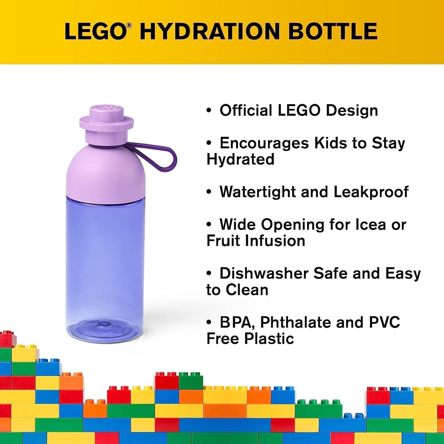 LEGO Hydration Water Bottle, 500ml Transparent Lavender, Drinking Bottle for Toddlers, Dishwasher Safe, Reusable Sports Can