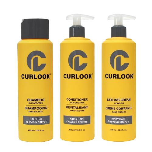 Curlook Kinky-Coily Hair Package | Shampoo, Conditioner & Leave-In Styling Cream Set | Sulfate-Free, Silicone-Free | 400ml (13.5 oz) Each Bottle |