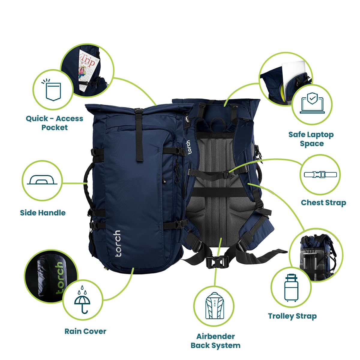 Mens Travel Backpack 45l - Carry On Bags for Airplanes Fits 17 Inch Laptop Expandable Backpack Suitcase with Rain Cover - Fujisawa (Navy)