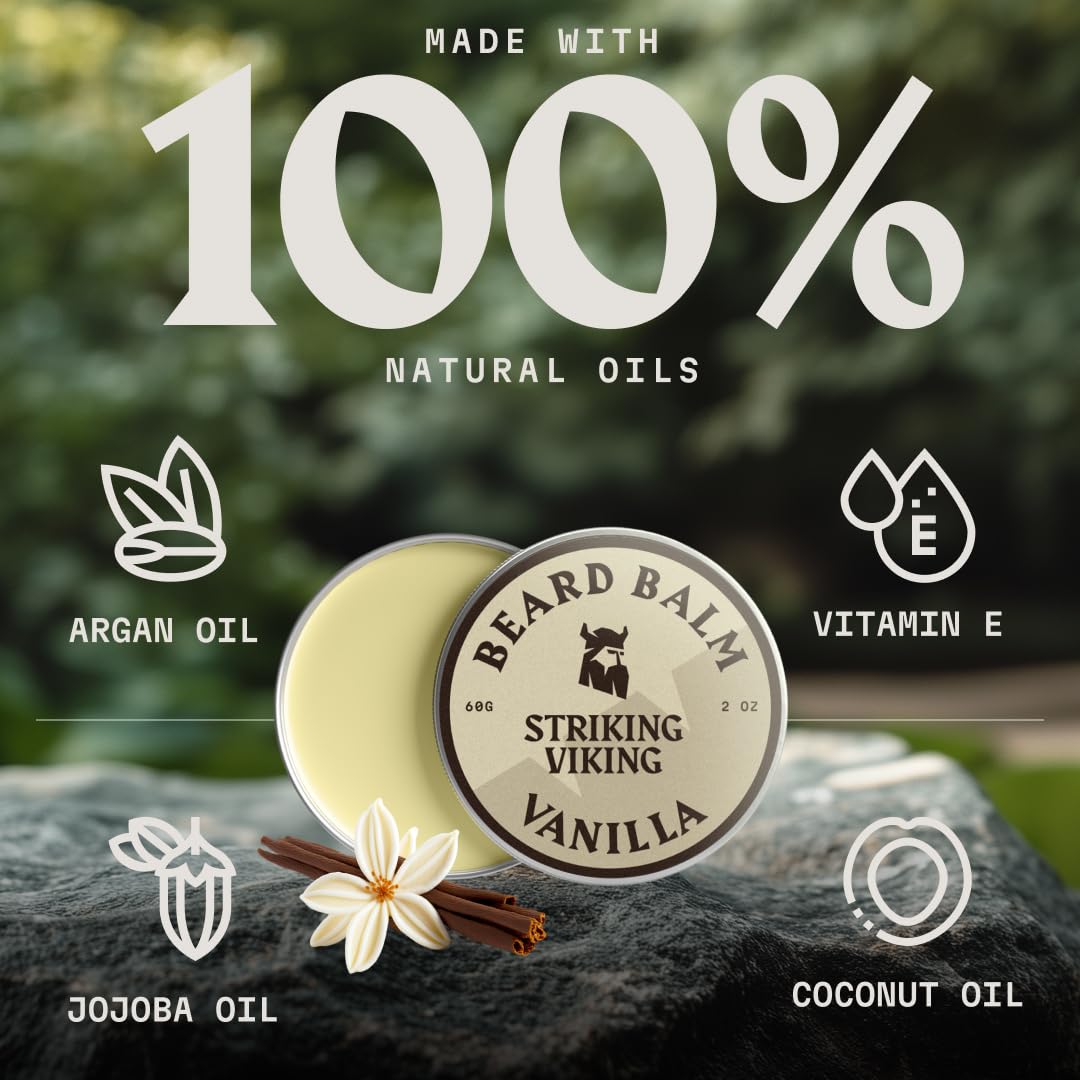 Striking Viking Beard Balm for Men - 2 oz, Vanilla Scent - Light Hold Moisturizer & Beard Conditioner for Men That Softens & Nourishes Coarse Facial