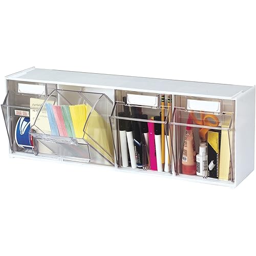 Deflecto Interlocking Tilt Bin, 4 Bin Unit, Clear and White, 23-5/8” x 8-1/8” x 6-5/8” (20403OP)