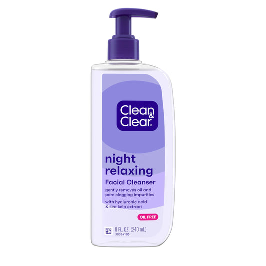 Clean & Clear Night Relaxing Deep Cleaning Oil-Free Night Face Wash, Foaming Facial Cleanser with Hyaluronic Acid & Sea Kelp Extract Gently Removes