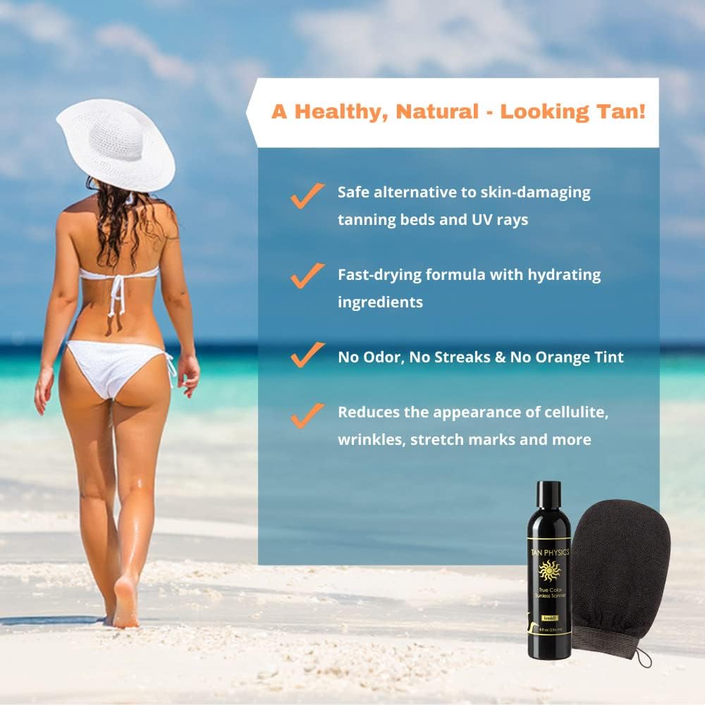 Tan Physics Sunless Tanner 8oz with Exfoliation Mitt- Self Tanning Lotion - Instant Tanning Lotion for Face & Body - Natural Self Tanner for a