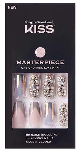 KISS Masterpiece One-Of-A-Kind Luxe Mani Premium Special Effects Design Coffin Shape Glossy Iridescent Glue-On Long Length Nails with Faux Jewels MP01