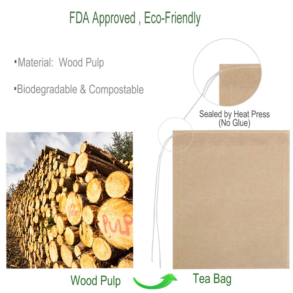 Aksuaple 100-Pack Eco-Fil Disposable Tea Filter Bags – Biodegradable, Compostable Wood Pulp, Unbleached Loose Tea Infuser Sachets with Drawstring