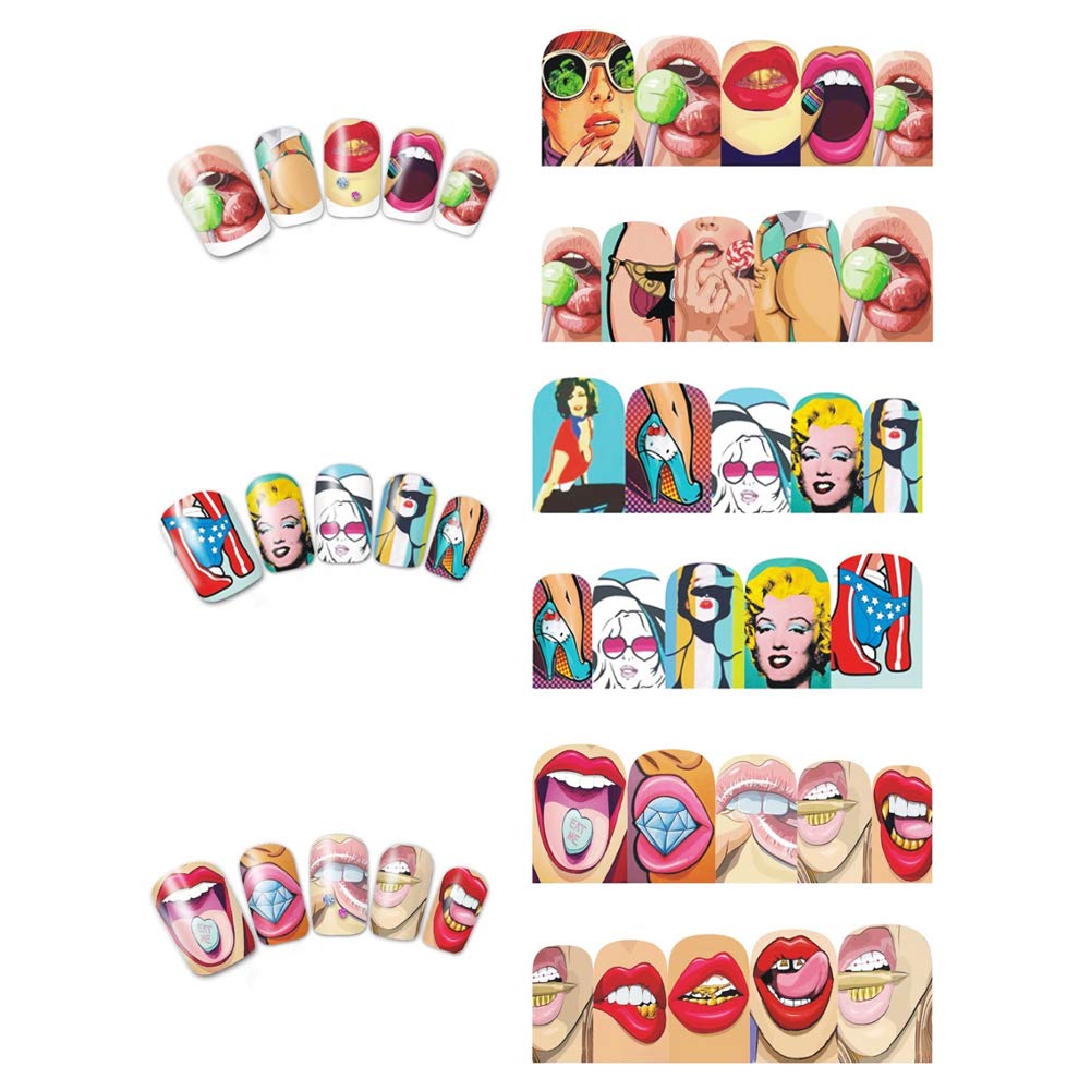Towenm 12 Sheets Nail Art Stickers Water Transfer Nail Decals for Nail Art, Trendy Marvel Nail Wraps, Sexy Lip Pop Star Nail Decals, Manicure Nail