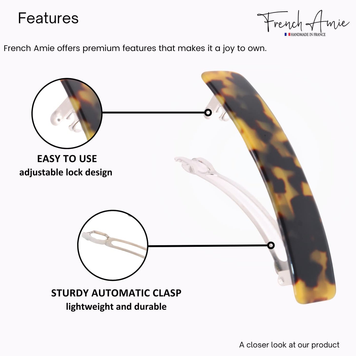 French Amie Oblong Handmade 3.5" Celluloid No Slip Hair Clip Barrette for Women, Made in France (Tokyo Shell)