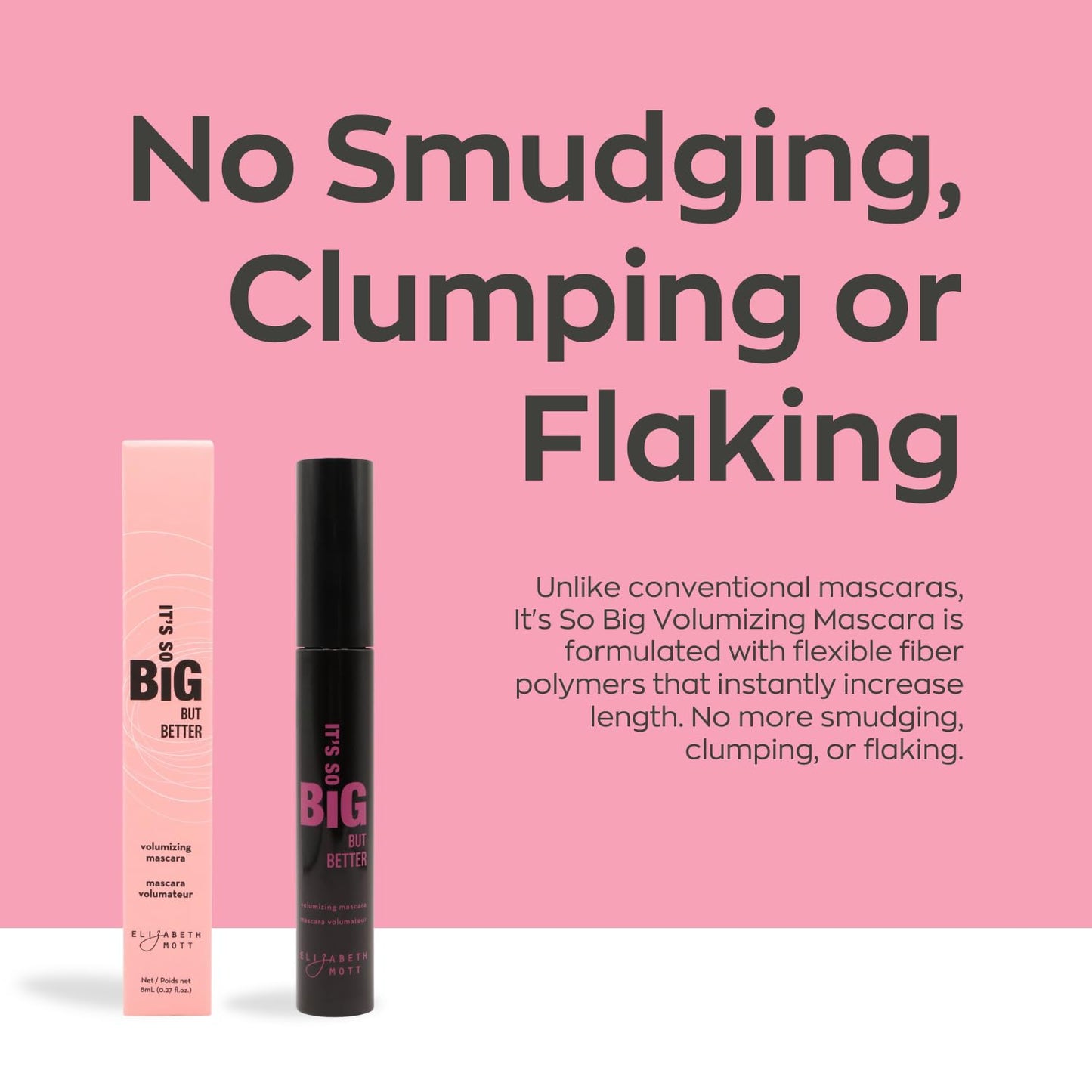 Elizabeth Mott Black Volumizing Mascara - Smudge-Proof, Lengthening Fiber Formula, Hourglass Wand - Clump-Free, Water-Resistant & Cruelty-Free - Safe