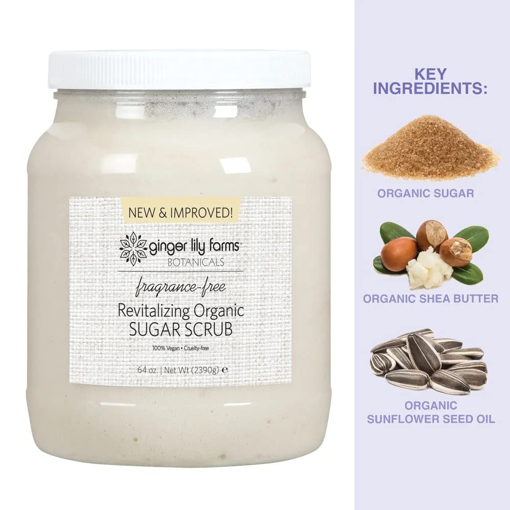 Ginger Lily Farms Botanicals Revitalizing Organic Sugar Scrub, All-Natural Skin Exfoliating Sugar Crystals, 100% Vegan & Cruelty-Free, Fragrance-Free Beauty & Personal Care Ginger Lily Farms