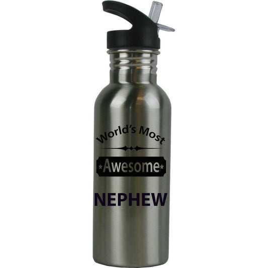CustomGiftsNow World's Most Awesome Nephew Stainless Steel Water Bottle with Straw Top 20 Ounce 600ml Sport Water Bottle