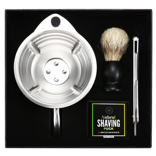 Naked Armor Silver Fox Shaving Scuttle Mug Kit With Shavette - Double Walled Stainless Steel Shaving Bowl with Shavette Straight Razor, Shaving Brush Beauty and Personal Care Naked Armor