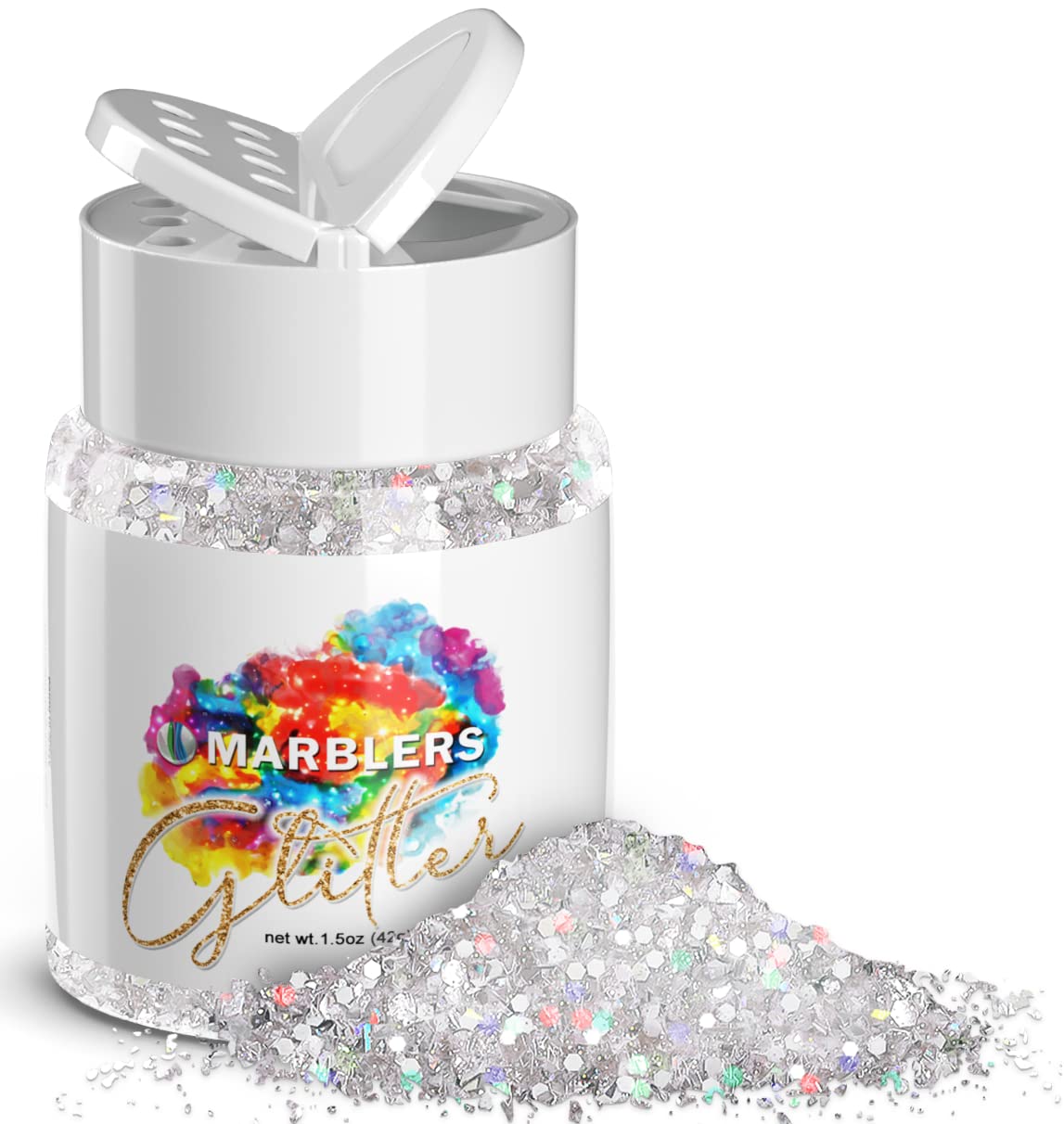 MARBLERS Holographic Glitter [Mixed Silver] 1.5oz (42g) | Chunky | Non-Toxic, Vegan, Cruelty-Free | Face, Body, Eyeshadow, Hair, Festival, Party