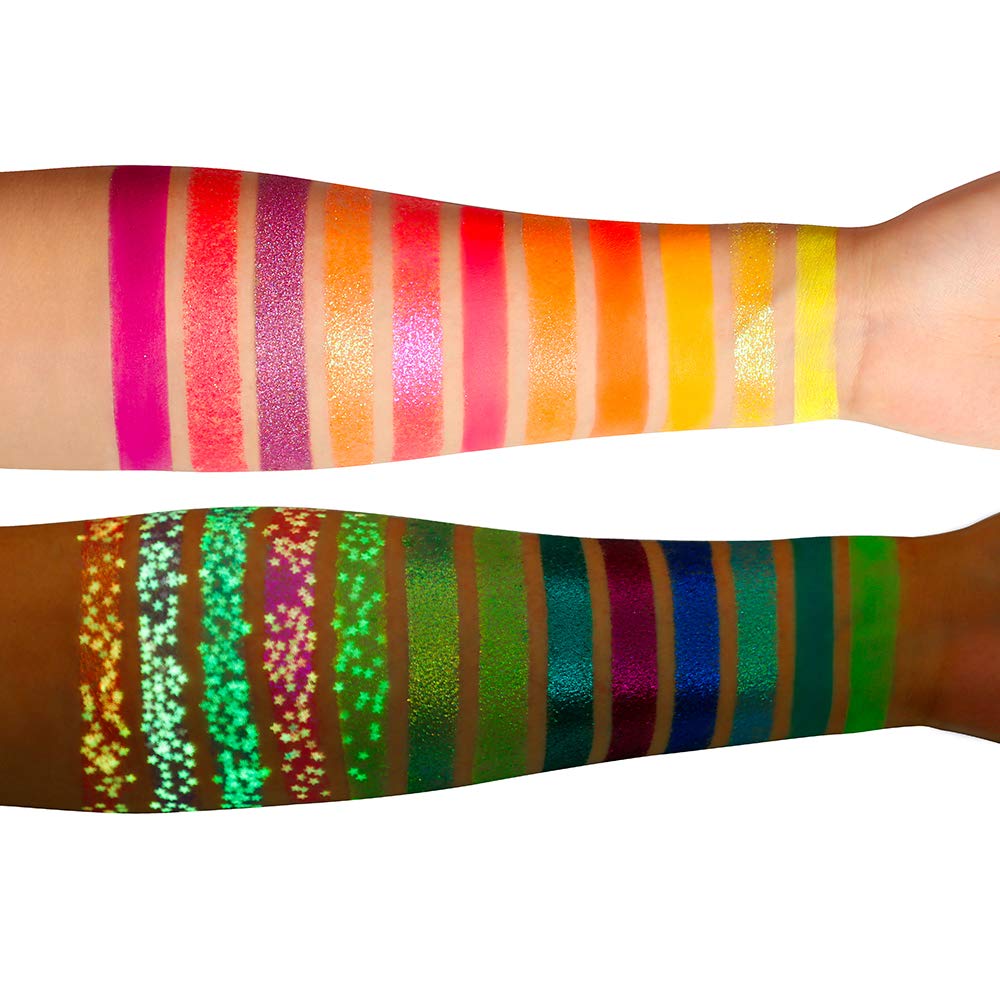 DE'LANCI Neon Eyeshadow Palette Glow in the Dark, Aurora Glow Eyeshadow Pallets Stage, Halloween Christmas Makeup Kit UV Blacklight Matte and Glitter