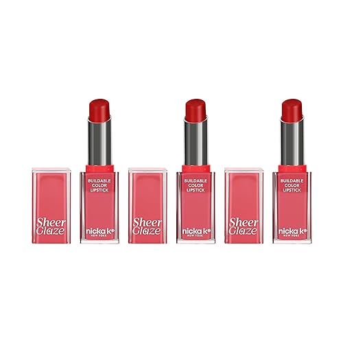 NICKA K NEW YORK Sheer Glaze Lipstick, Gloss, Balm, Tint, Buildable Color, Enhances Lips with a Dewy, Fresh Finish (Vivid Red 3 Pack)