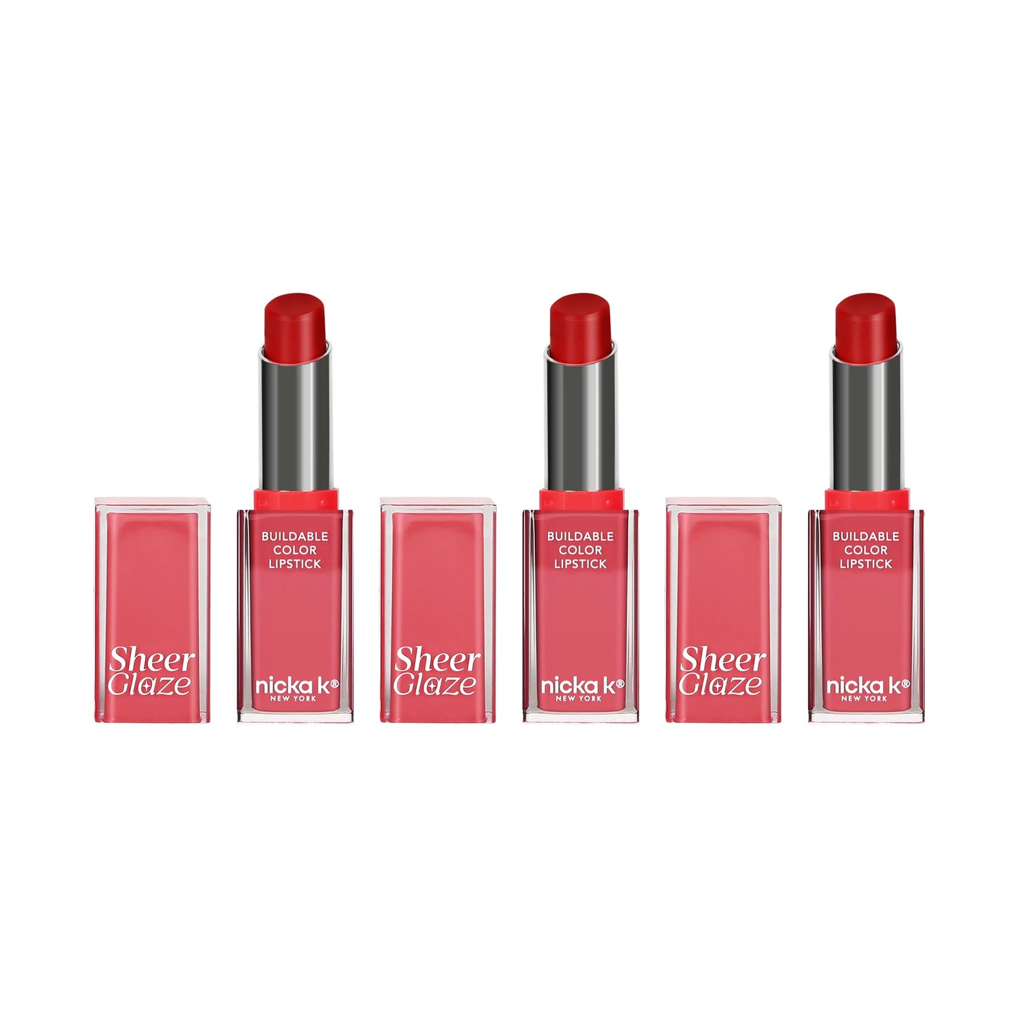 NICKA K NEW YORK Sheer Glaze Lipstick, Gloss, Balm, Tint, Buildable Color, Enhances Lips with a Dewy, Fresh Finish (Vivid Red 3 Pack)