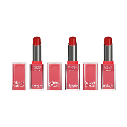 NICKA K NEW YORK Sheer Glaze Lipstick, Gloss, Balm, Tint, Buildable Color, Enhances Lips with a Dewy, Fresh Finish (Vivid Red 3 Pack)