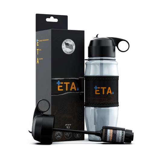 ETA Alkaline Water Filter Bottle for Travel, Camping, Hiking, Backpacking, Emergency, Survival | Removes up to 99.99% of Harmful contaminants, 9.5pH