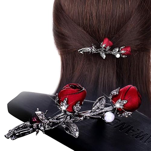 Elegant Rhinestones Rose Flower Metal Hair Clips Hair Barrette Ponytail Holder Slide Clips Hair Jewelry for Wedding,Party (Red)