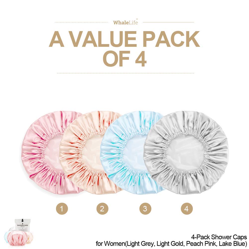 Shower Cap for Women Reusable Extra Large Shower Caps for Men Satin Double Layer EVA Waterproof Long Hair Caps(Light Grey, Light Gold, Peach Pink