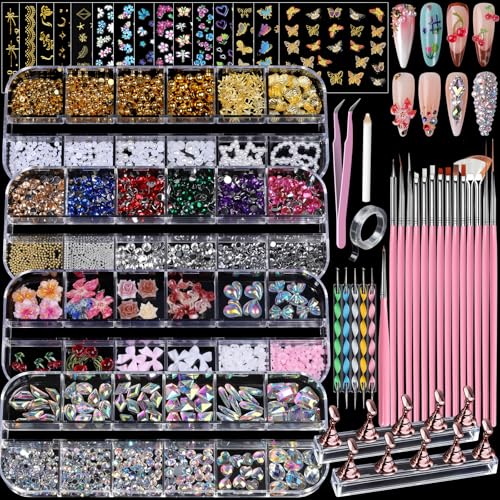 Teenitor 4 Boxes Nail Charms and Gems Set, Nail Rhinestones Nail Kit with Nail Art Brushes Nail Stand, Nail Gems Nail Design Tools with 15pcs Nail Beauty and Personal Care Teenitor Default Title