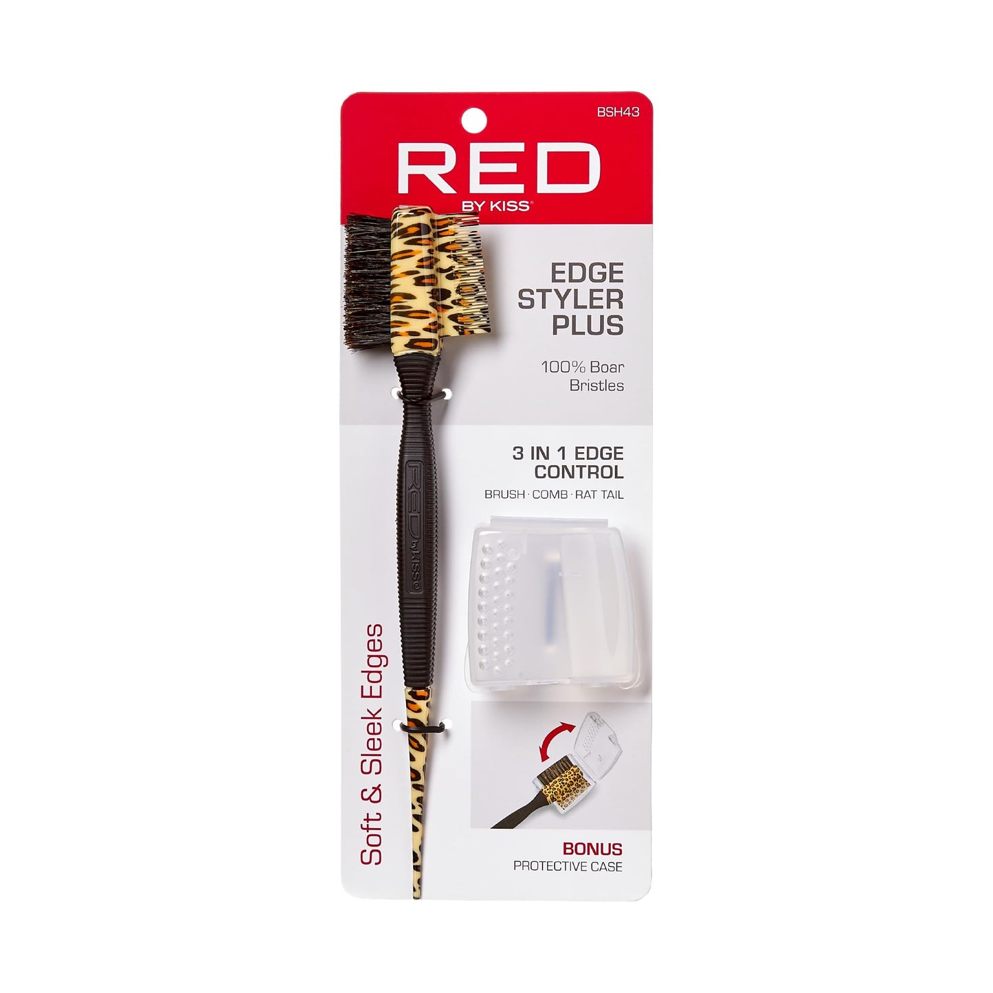 Red by Kiss Professional 3-in-1 Edge Brush with Case – Boar Bristles, Fine Tooth Comb & Rat Tail End for Edge Control & Precision Styling