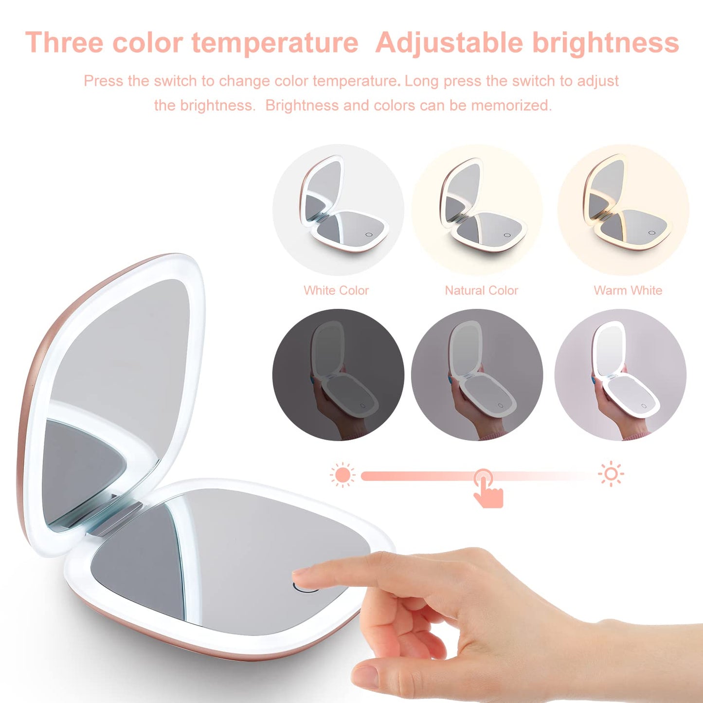 Mocado Compact LED Magnifying Travel Makeup-Mirror - 4 inches 1X/10X Magnification Small Hand Pocket Dimmable Double Sided USB Rechargeable Touch