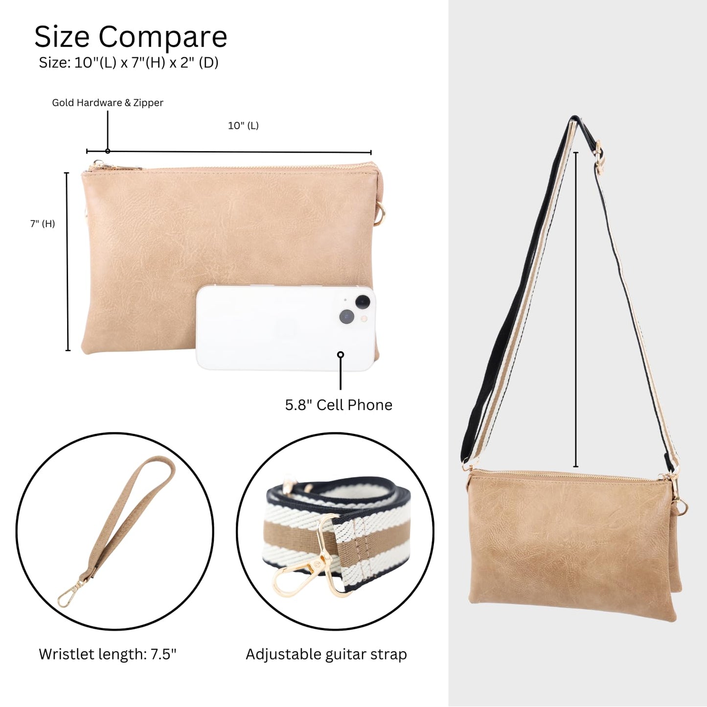 JEN & CO. Izzy Vegan Leather Crossbody Bags Clutch Purses Wristlet Wallet Shoulder Handbag with Guitar Strap for Women (Black)