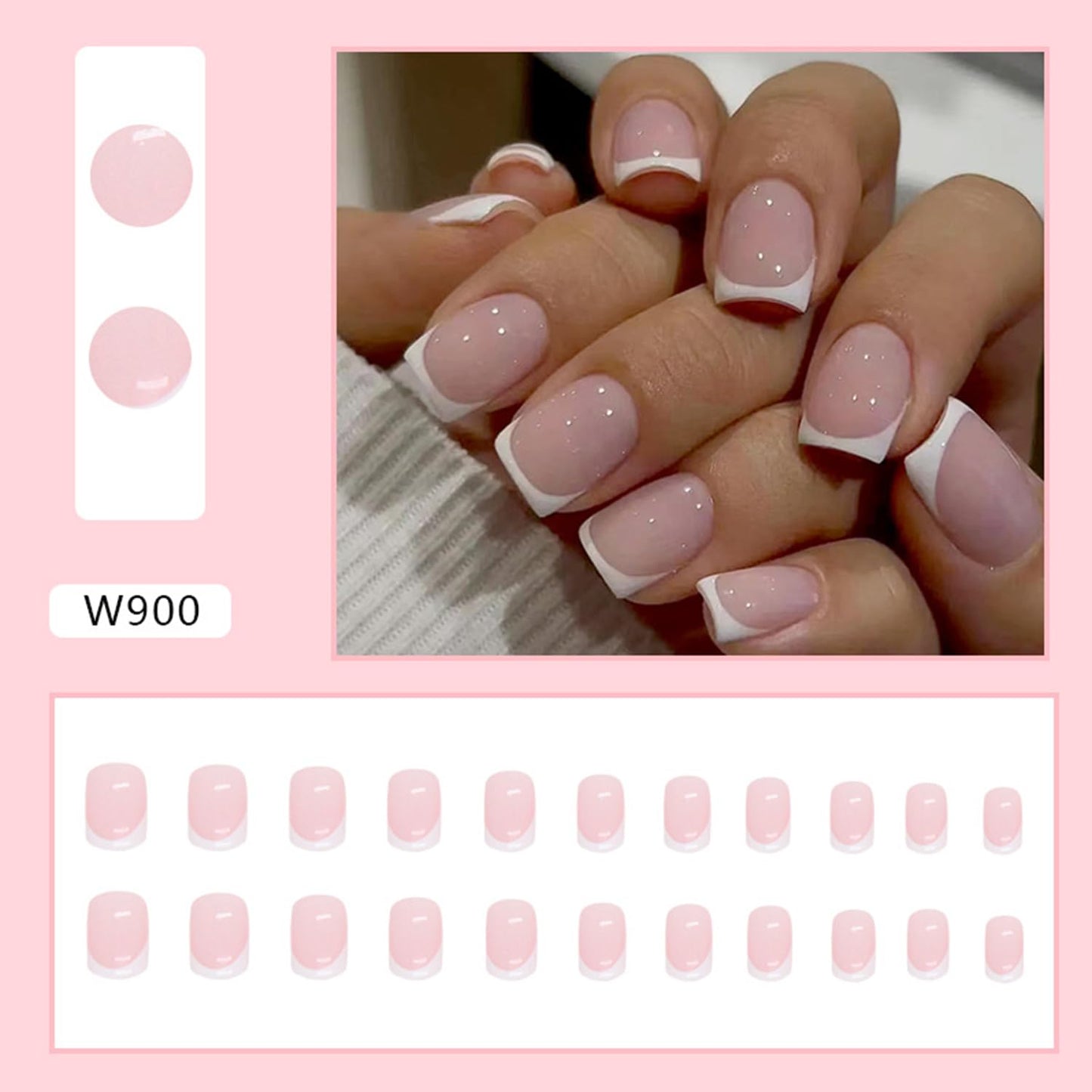 White French Tip Press on Nails Short Square Fake Nails Glossy Pink False Nails with Glue on Nails Reusable Full Cover Stick on Nails Acrylic Beauty and Personal Care Vopintpy