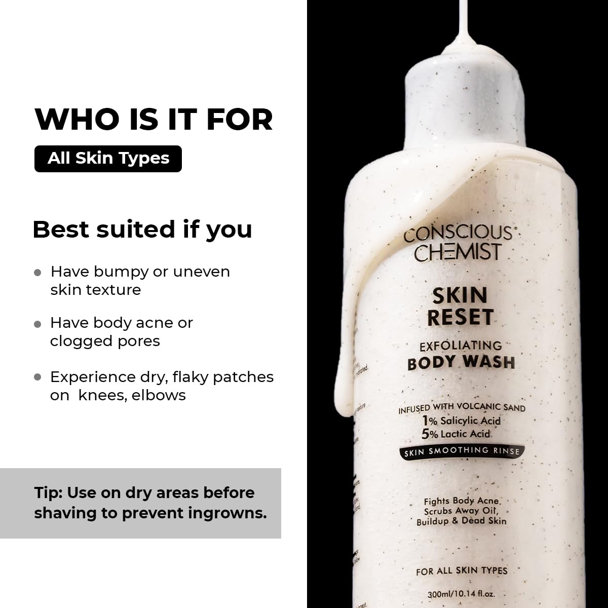 Conscious Chemist Skin Reset Exfoliating Bodywash 1% Salicylic Acid Shower Gel with Volcanic Sand & Lactic Acid Exfoliates, Clears Body Acne, Smooths Beauty & Personal Care Conscious Chemist