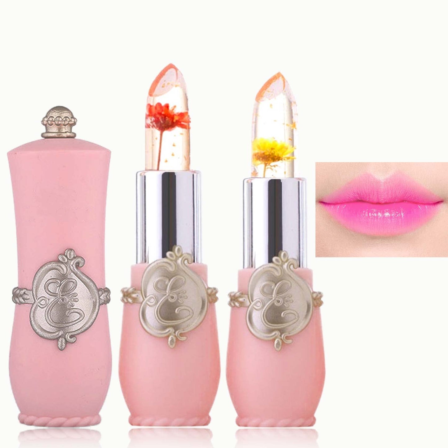 WENJLYJ 2PCS Crystal Flower Jelly Lipstick,Clear Lipstick with Flower Inside Magic PH Temperature Color Changing Lip Stick Tinted Lip Balm,Long