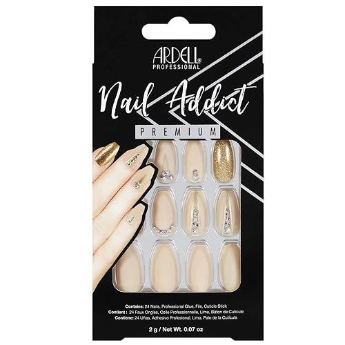 Ardell Nail Addict Premium Press On Nails Set - 24 False Nails Jeweled Coffin Shaped with Gold Accents, Artificial Acrylic Nail Kit with Glue for An Beauty & Personal Care Ardell