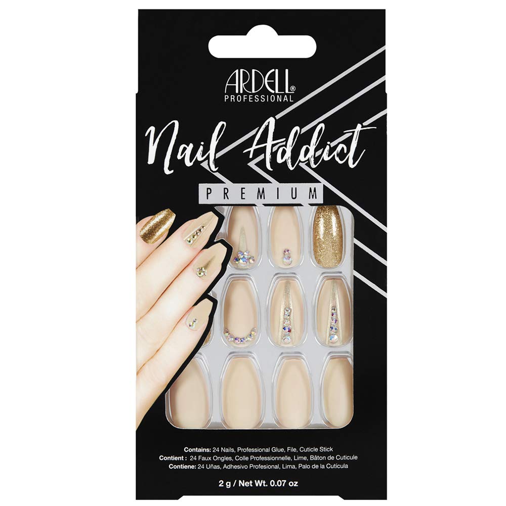 Ardell Nail Addict Premium Press On Nails Set - 24 False Nails Jeweled Coffin Shaped with Gold Accents, Artificial Acrylic Nail Kit with Glue for An Beauty & Personal Care Ardell