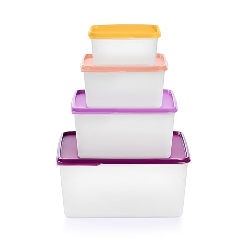 Tupperware Keeptabs 4-Container Stacking Food Storage Set, Multi Color Lids, Nestable, Dishwasher Safe and BPA Free (4 Containers, 4 Lids)