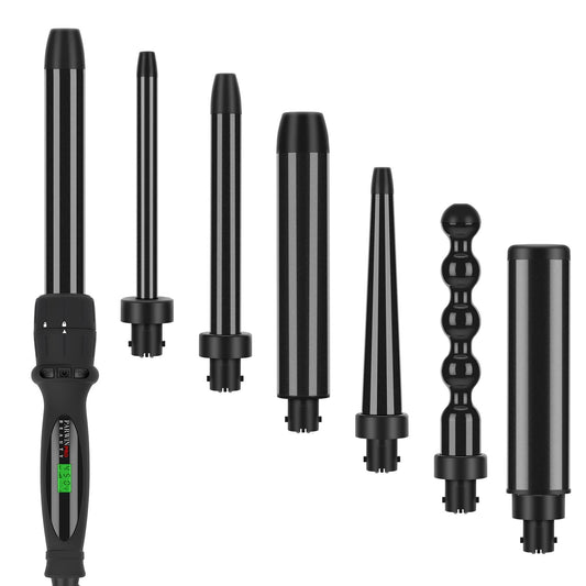 PARWIN PRO BEAUTY 7 in 1 Curling Iron Wand Set,Dual Voltage Curling Wand with 7 Interchangeable Diamond Ceramic Hair Curler Wands with LCD Temperature