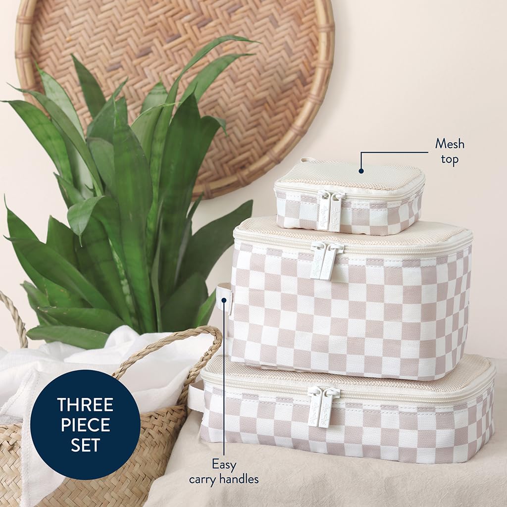 Itzy Ritzy Packing Cubes 3-Pack – Travel Organizers with Mesh Top, Double Zippers & Fabric Handle, Checkerboard