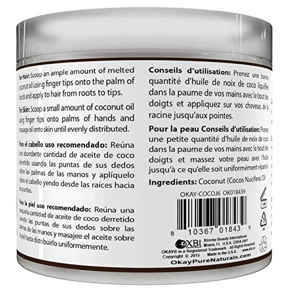 OKAY 100% Pure Coconut Oil for Hair & Skin - Coconut Oil for Women & Men, Perfect for Hair & body, Natural Massage Oil & Moisturizer - 6 fl oz Jar