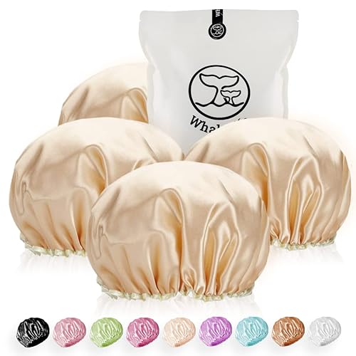 Shower Cap for Women Reusable Extra Large Shower Cap for Men (Golden 4 Pack Large) Satin Double Layer EVA Waterproof Long Hair Cap