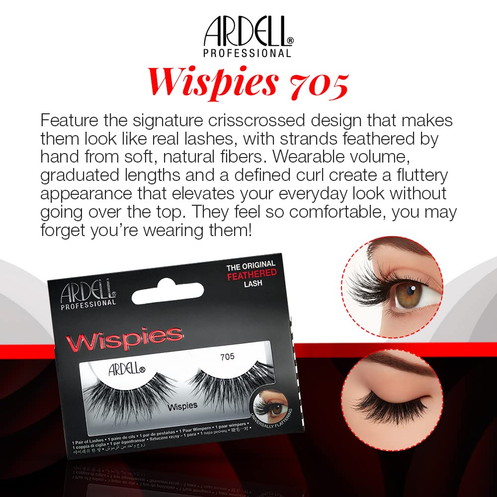 Ardell Wispies False Lashes 705 - Full Volume False Eyelashes, Long & Fluffy Lashes for Natural Look, 1 Pair
