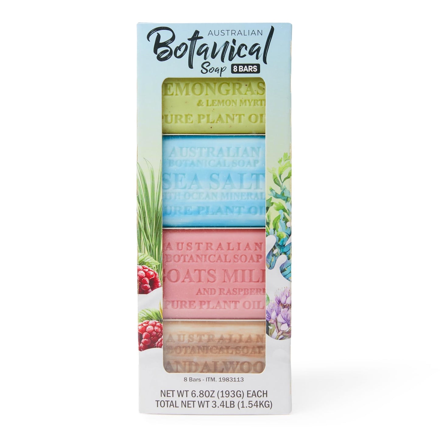 Australian Botanical Soap, 8-Pack Bar Soap Set, 6.6 oz Each, 2 of each, Sandalwood, Sea Salt, Goats Milk Raspberry, Lemongrass & Lemon Myrtle
