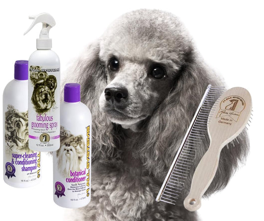 #1 All Systems Poodle Grooming Package, Shampoo, Conditioner, Spray, Brush and The Perfect Poodle Comb