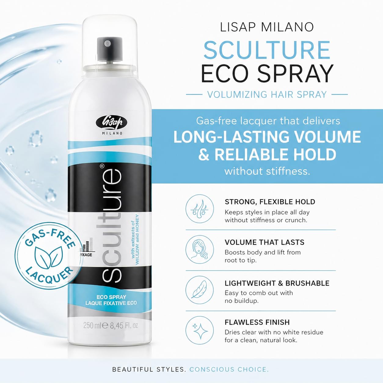 Lisap Sculture Eco Spray Volumizing Hair Spray & Setting Spray - Lightweight Volume Spray & Hair Volumizer for Shine & Heat Styling, Gas-Free