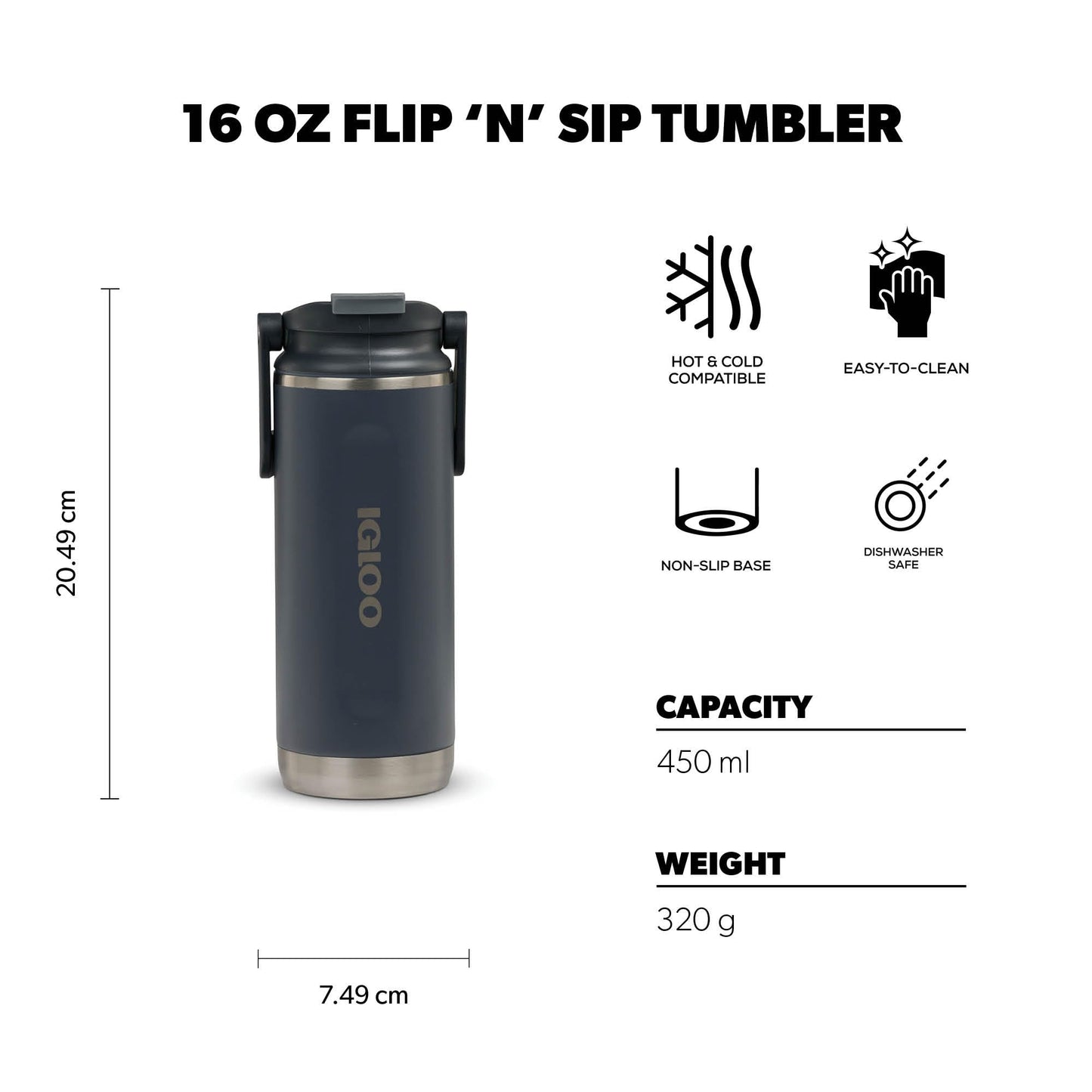 Igloo, 16 oz FlipNSip Tumbler, Reusable Travel Mug, Stainless Steel Insulated Hydration Cup for Hot & Cold Beverages, Carbonite