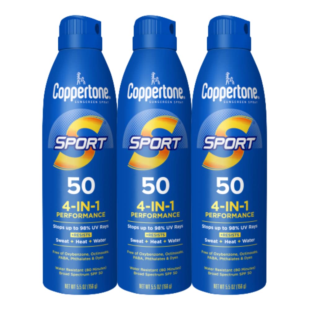 Coppertone Sport Sunscreen Spray SPF 50, Sweat, Heat and Water Resistant Sunblock, Lightweight, Oxybenzone Free, Spray Sunscreen Bulk Pack, 5.5 Oz