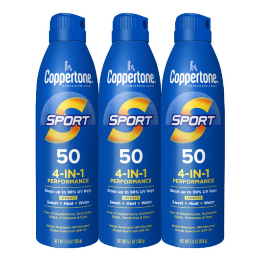 Coppertone Sport Sunscreen Spray SPF 50, Sweat, Heat and Water Resistant Sunblock, Lightweight, Oxybenzone Free, Spray Sunscreen Bulk Pack, 5.5 Oz