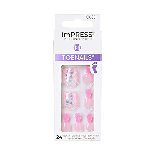 KISS Impress No Glue Pedi Press-On Toenails, Light Pink, Glitter, Squoval Shape, Includes 24 Nails, Prep Pad, 1 Manicure Stick, 1 Mini File Beauty & Personal Care KISS
